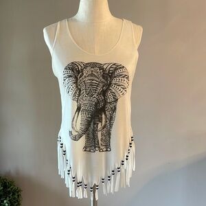 Elephant print women’s tank top beaded fringe V hemline / sliced back trendy SM